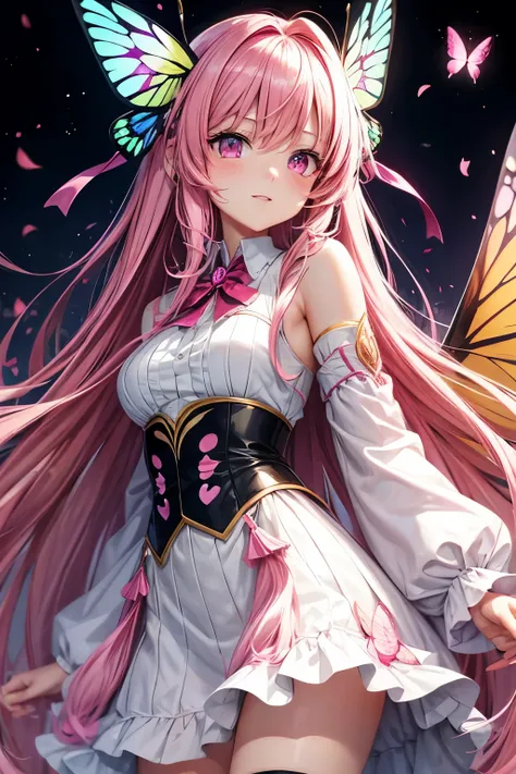 Long pink hair，Pink eyes，Girl，Butterfly wings