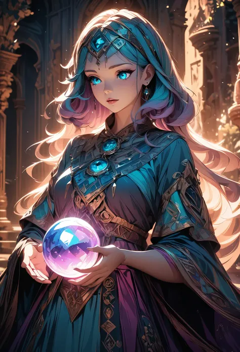 fortune teller woman with crystal ball, beautiful detailed eyes, beautiful detailed lips, highly detailed eyes and face, long ey...