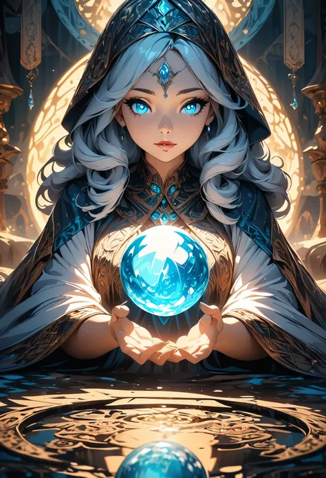 fortune teller woman with crystal ball, beautiful detailed eyes, beautiful detailed lips, highly detailed eyes and face, long ey...