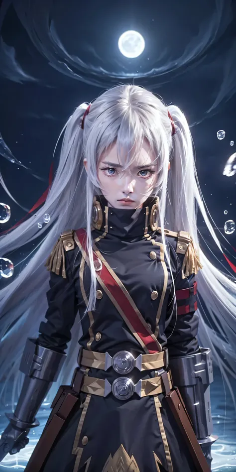 One girl, alone,  close , whole body, Front view, View Viewer, Angry face, wallpaper, Red moon background, Watery eye, The one who looks with his sword ready,realistic 