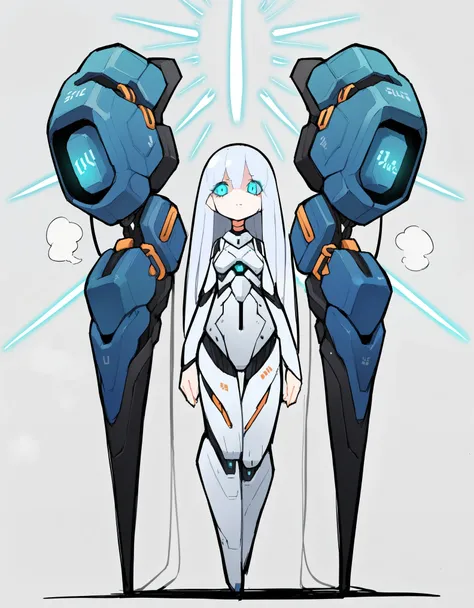score_9, score_8_up, score_7_up, score_6_up, score_5_up, score_4_up, source_anime, BREAK solo, android female,pale_skin, long_hair, white_hair,blue_eyes, standing, curvy,glowing_eye, incubation vat, steam, cables in the _background