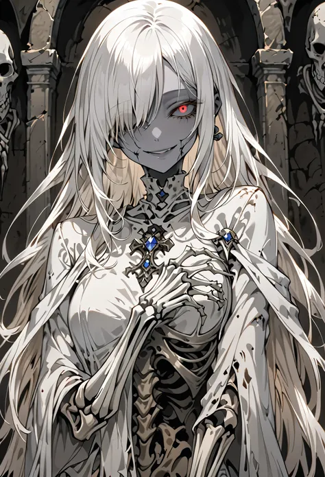 solo, female, grey skin, long white hair, silver brooch, dry body:1.2, empty sockets:1.5, no eyes, decayed body, sfw, smile, cur...