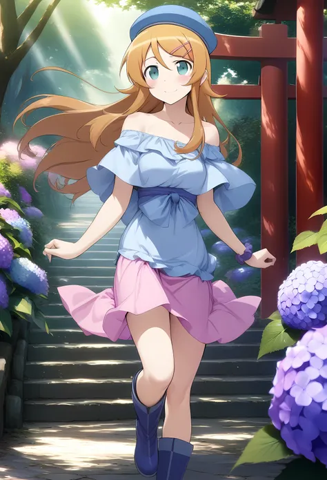 masterpiece, best quality, very aesthetic, absurdres, 1girl, mature_lady,,kousaka_kirino, ore no imouto ga konna ni kawaii wake ga nai, orange hair|brown hair, long hair, floating hair, shiny hair, blue eyes|aqua eyes, pink hairclip, ,off_shoulder, blue_dr...