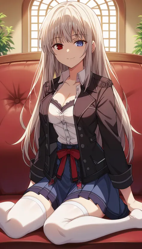 1girl, solo, full length, long hair, loose hair, medium breasts, looking at viewer, legs, hand, bangs, smile, heterochromia, red eyes, blue eyes, , sitting, arrogant smile, legs, stockings, cleavage, indoors, black jacket, white shirt, shirt under jacket, ...