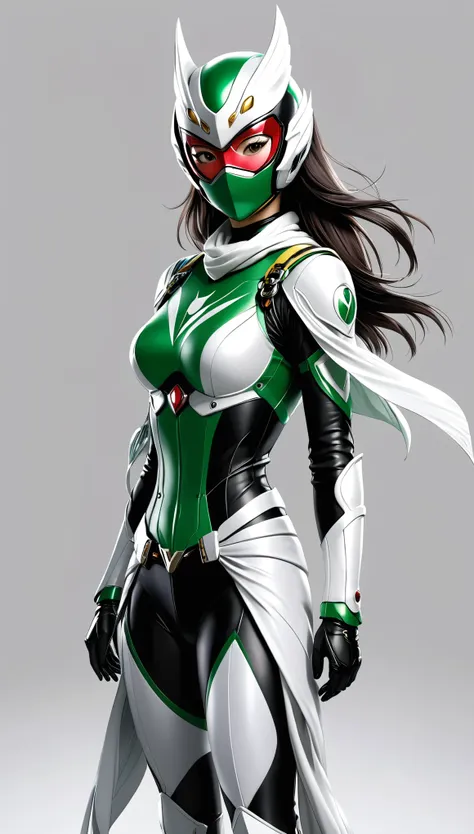 kamen rider w design、model standing、scarves fluttering、female system、simple background、monochromatic、high resolution、masterpiece...