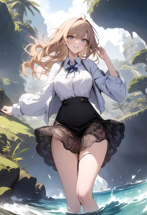 masterpiece, best quality, very aesthetic, absurdres, 1girl, ,lace_skirt,in an island,,floating_hair,