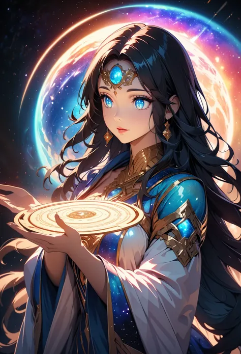 (Galaxy Goddess, Astrologer woman, Stargazer), Beautiful detailed eyes, Beautiful detailed lips, Highly detailed eyes and face, Long eyelashes, Elegant robes, Dramatic lighting, Glowing galaxies, Mysterious atmosphere, Vast Universe, ((Fortune-telling danc...