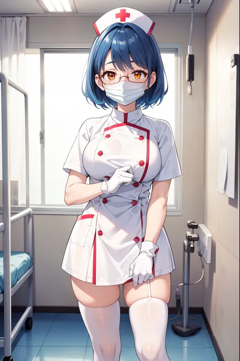 1woman, solo, nurse, white nurse cap, white nurse uniform, ((white legwear, zettai ryouiki)), white gloves, glasses, blue hair, orange eyes, ((white surgical mask, covered nose)), standing, ((hospital room)), sharp outline, short sleeves, mature female, 35...