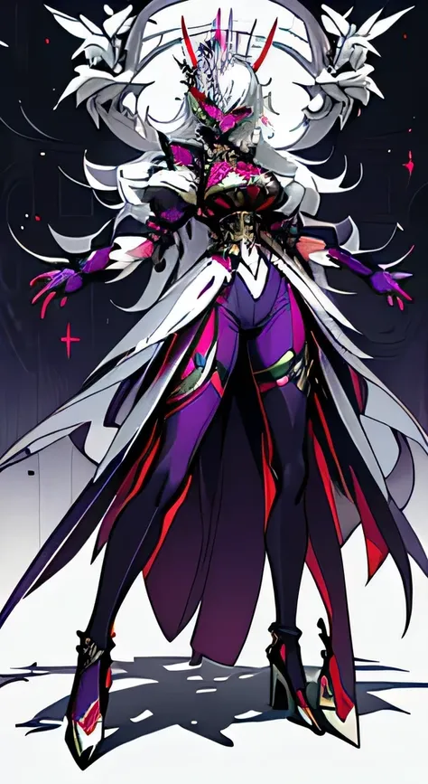 ((masterpiece、highest quality、8k、purple skin、glowing eyes))、(whole body、are standing)、white hair、long hair、bursting busty、bondag...