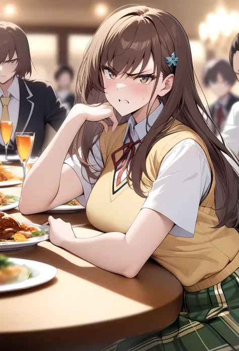 masterpiece, best quality, very aesthetic, absurdres, 1girl, ,Mikan Yuuki, brown eyes, brown hair, hair ornament,long hair,green plaid skirt, sainan high school uniform, school uniform, white shirt, yellow sweater vest,in a banquet,glaring, scowl,blur back...