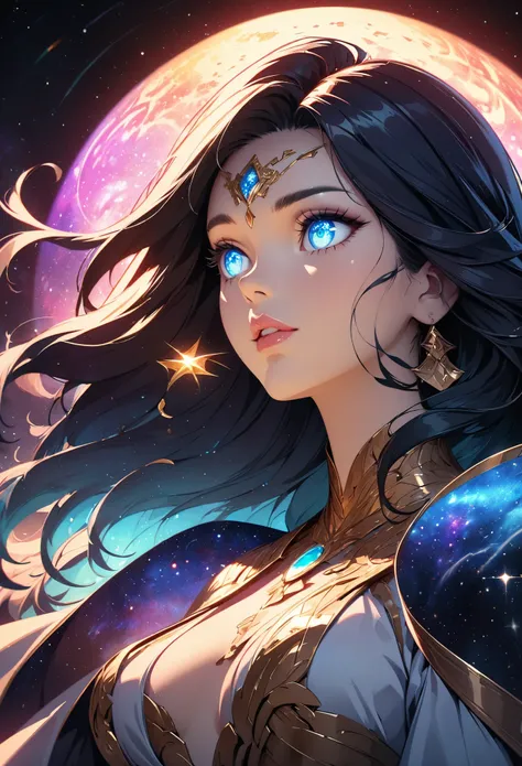 (Galaxy Goddess, Astrologer woman, Stargazer), Beautiful detailed eyes, Beautiful detailed lips, Highly detailed eyes and face, Long eyelashes, Elegant robes, Dramatic lighting, Glowing galaxies, Mysterious atmosphere, Vast Universe, ((Fortune-telling danc...