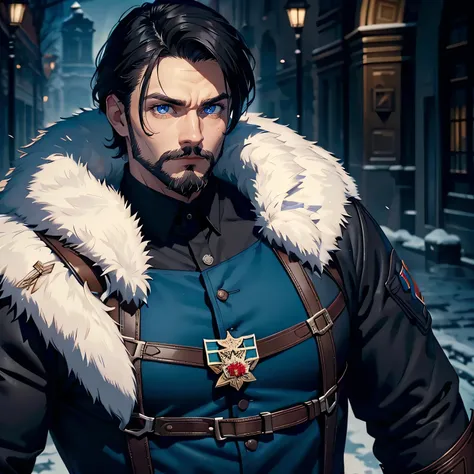 mascle, Russian adult man, face detailed, intimidating, charismatic appearance, confident, Black hair, blue bright eyes, 1 man, far away from us, in traditional Russian clothes