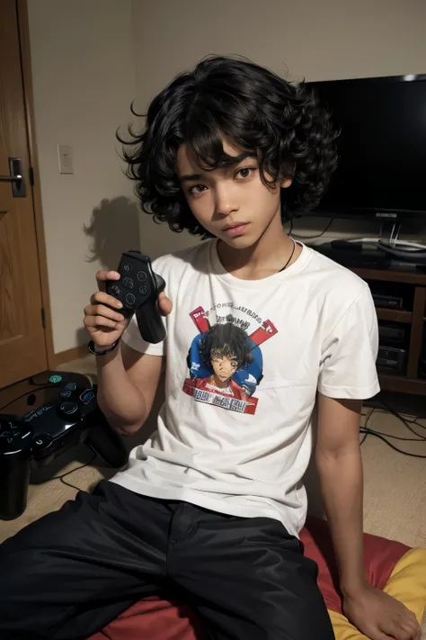 アニメ, dark-skinned boy,curly hair,with PS2 controller in hand