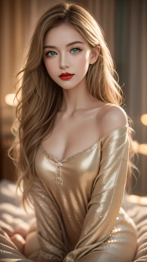 A beautiful young woman, blond，Gently falls to the shoulders in the form of waves, medium height, Big green eyes, Fair skin, She is wearing pajamas, She lay on the bed, Do hair care before bedtime, The environment is illuminated by warm and pleasant lighti...