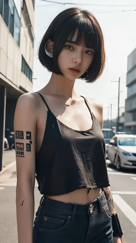 cyber punk、beauty、dirty clothes、bob cut hair、A girl with realistic skin texture stands in front of a concrete background。。. her dirty shirt、Adds a rough atmosphere to the entire image. she has a tattoo on her arm, It adds a hint of edge to her look. The fo...