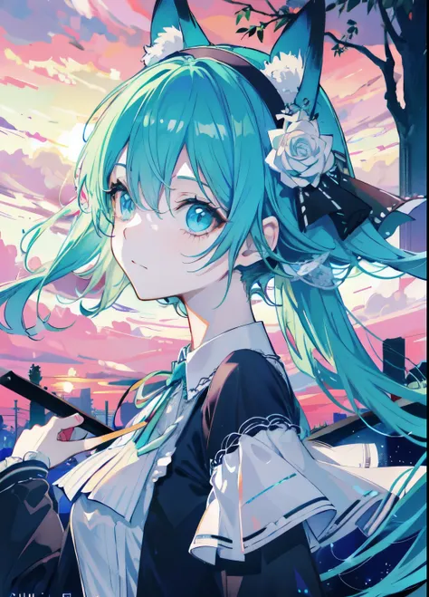 ( Miku, pixiv), Fashion, Hair band, Bonnet, Dress, Striped sleeves, Garter belt, small neko ears,  //
, (()), (Anime:1.5), Manga, Daylight, Edge Lighting, ((High Definition:1.2, Masterpiece:1.2)), Absurdity, High Definition, (8K Resolution), 8K, 8K Resolut...