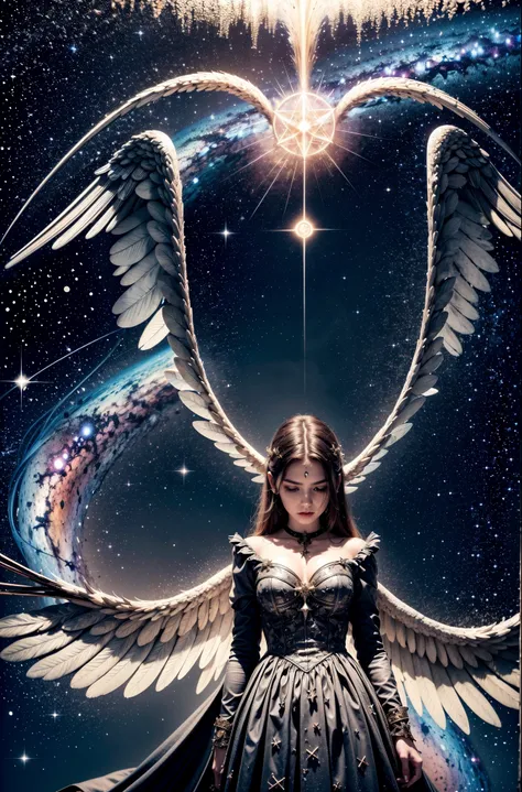 (Masterpiece), (Best Quality: 1.4), absurdities, [:intricate details:0.2],witch, angel wings, milky way, sky, bright aura, intense focus, crackling energy, mysterious symbols, bright specks,Paticulas,many details