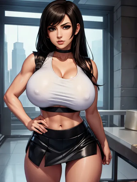 Tifa Lockheart, white crop top, short black skirt, large breasts