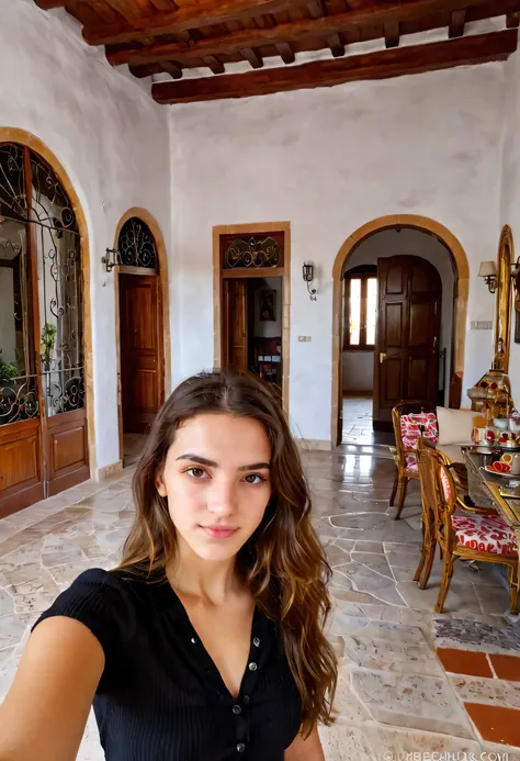 a realistic selfie of a 20 year old intimidating female spanish inside a fancy spanish house