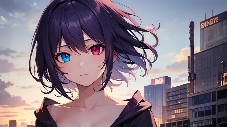 Highest quality, 8K, 4K, High resolution, (Beautifully detailed face), High Contrast,1girl,only,short hair,purple hair,heterochromia(red eyes,blue eyes), beautiful eyes, Slanted Eyes, Moderately sized breasts, City of night, it&#39;s raining