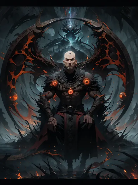 (absurdities, High Resolutions, ultra detailed, HDR), Masterpiece, The best quality, Bald man sitting on Demon with a giant eye, in arrogant look, only, rude man, demon eyeball, giant eyeball, disgusting, black demon wing, demon horn, handsome, Red eyes, b...