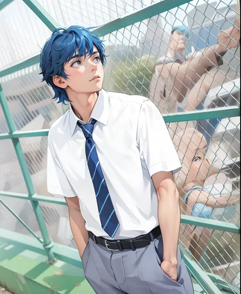 He is on top of his school looking curious and thoughtful at the city, he has blue hair.