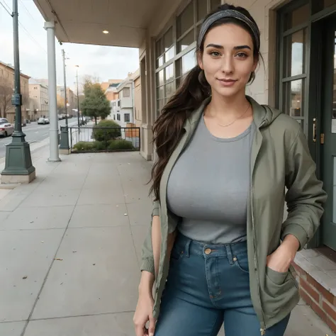 Extremely busty thin and toned brunette photographer, college girl, fair skin, loose ponytail, soft face, athletic, bandana babushka headwrap, tight olive green casual windbreaker, skinny jeans. standing in front of her apartment building, outdoors, city, ...