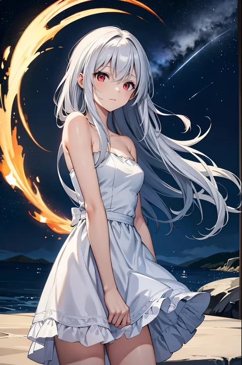 (masterpiece:1.3), (best quality:1.1), (8k, ultra detailed, ultra high res:1.3), anime style, perfect 5 fingers, perfect anatomy, (Strapless dress:1.2), white dress, arm behind back, 
1girl, small breasts, long hair, wavy hair, white hair, BREAK red eyes, ...