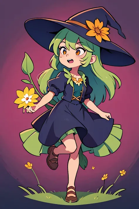 plant based witch, full body, jumping, flower in hand.