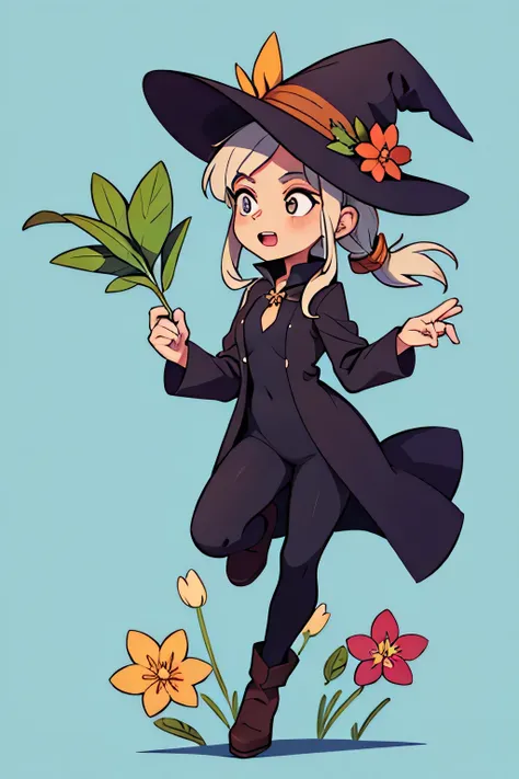 plant based witch, full body, jumping, flower in hand.