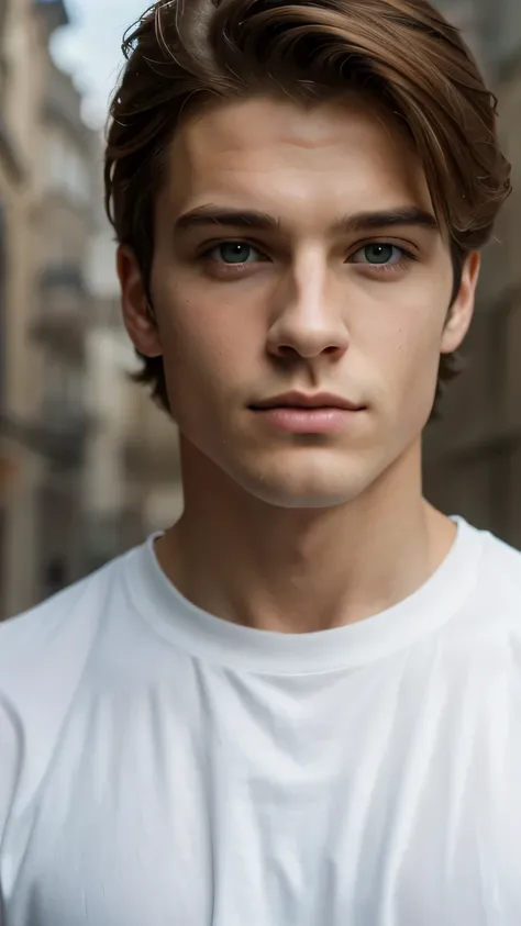 portrait of beautiful boy holding frence brown hair, green eyes, vintage clothing, industrial revolution clothing, heroic, beaut...