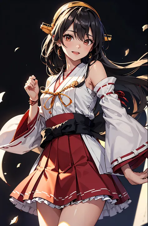 Highest quality, masterpiece, High resolution, 一人in, {Aaron_Fleet Collection:1.15}, black_hair, length_hair, hair_ornament, hairband, brown_eye, hairclip, red面, smile, headgear, chest, Non-traditional_Shrine maiden, hair_between_eye, One Girl, independent_...