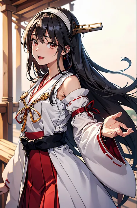 Highest quality, masterpiece, High resolution, 一人in, {Aaron_Fleet Collection:1.15}, black_hair, length_hair, hair_ornament, hairband, brown_eye, hairclip, red面, smile, headgear, chest, Non-traditional_Shrine maiden, hair_between_eye, One Girl, independent_...