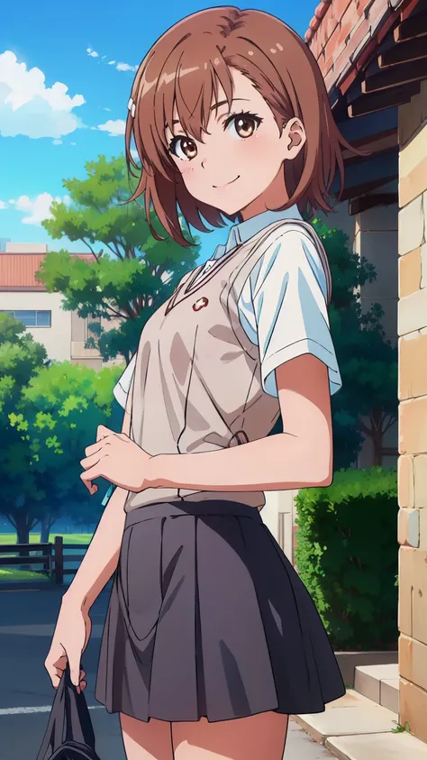 (masterpiece, best quality, 8k:1.2),Very detailed, (anime:1.1), misaka_mikoto, brown hair, short hair, hairpin, small medium breasts, 1girl, (tokiwadai , smile), Cowboy shot, looking at viewer,