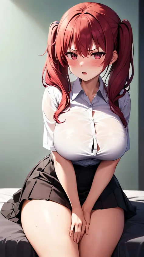 The woman who had sex just now,Red hair,Twin tails,Angry face,blush,Big Breasts,Thick thighs,White dress shirt on upper body,The lower body is a black tight skirt,Sweaty,See-through bra(purple)