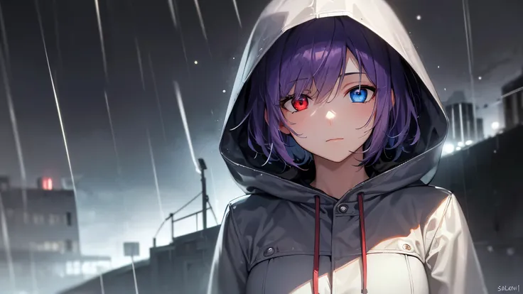 Highest quality, 8K, 4K, High resolution, (Beautifully detailed face), High Contrast,1girl,only,short hair,purple hair,heterochromia(red eyes,blue eyes), beautiful eyes, Slanted Eyes, Moderately sized breasts, A quiet town late at night, Night Rain, Hooded...