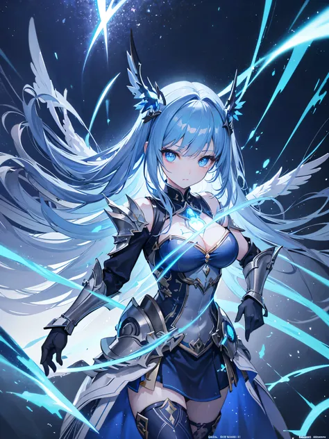 thunderstorm, bright flashes, stormy dark night with bright flashes, Angry young goddess of thunder in a sparkling dark blue fantasy moon armor with wings floats before a thunderstorm, her eyes shine brightly, her hands spray twinkling dark blue flashes, d...