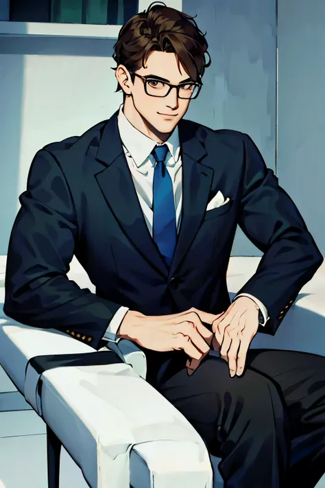 A serious smiling man wearing a suit and glasses