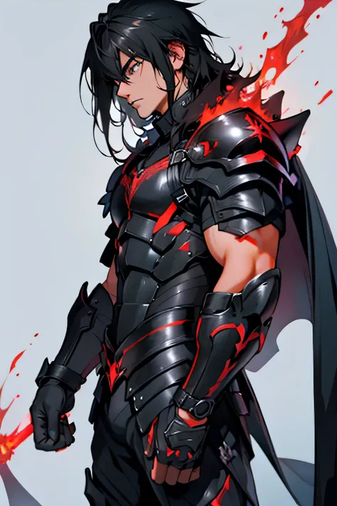 A boy in black armor, Eyes red, blackquality hair, whole body, shorth hair