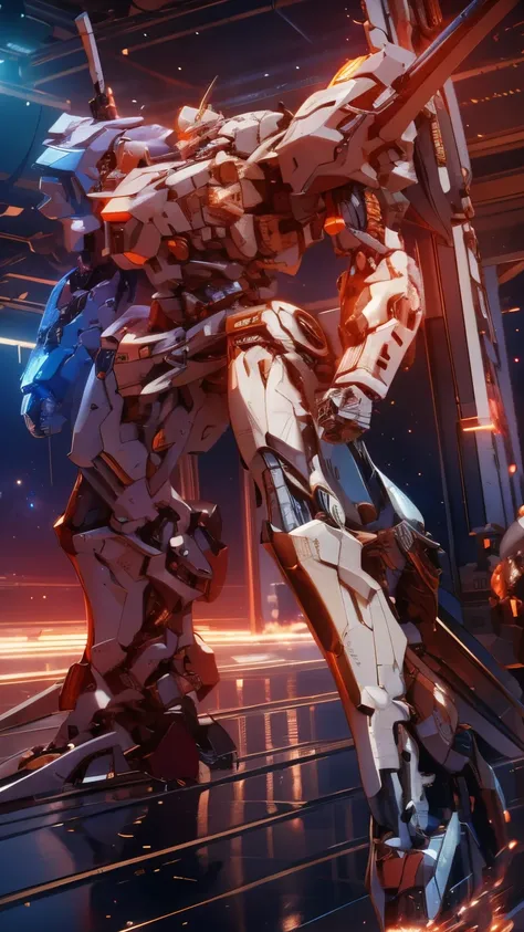 (Obra de arte, melhor qualidade:1.5).Mech branco e azul com detalhes dourados, médio, segurando uma sniper azul grande. Extremely detaild, 8K, HDR, naturallight, cinematic lighting, masterpiece-anatomy-perfect, Ultra HD, (Space Combat:1.5, Battlefield:1.5)...