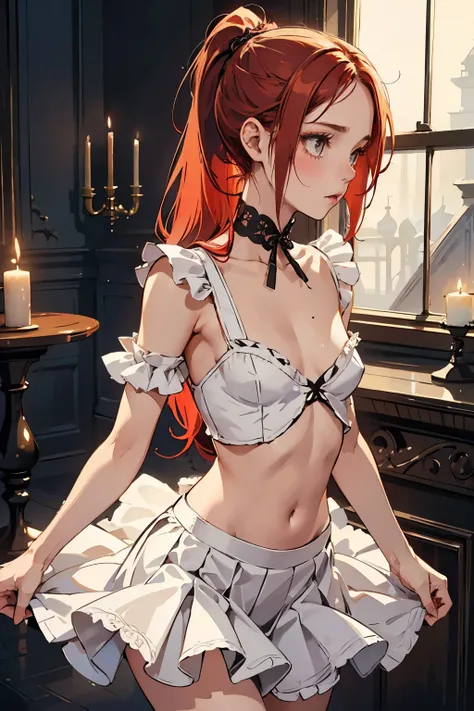  ((best quality)), ((masterpiece)), (detailed), NSFW, small breasts, prominent collarbones, skinny arms, flat stomach, visible hip bones, long hair, red hair, white hair, blonde hair, dark hair, ponytail, thick ponytail, heavy ponytail, red and white cloth...