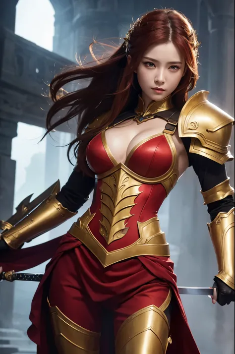 8K,Close-up of a goddess holding a sacred sword, Gorgeous large chest armor, sexy超美人(Like the real thing)Goddess of War,Slender body,Muscular Beauty,Muscular woman,Sharp Eyes,He has a big and gorgeous holy sword.,Beautiful long red hair,Strongly defined ab...