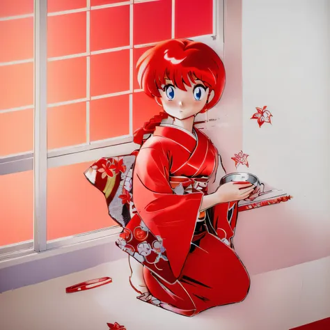 girl in red kimono, de rumiko takahashi, redhead anime girl with red red kimono, 16 yrs old, body cute, breasts big, holding bow...