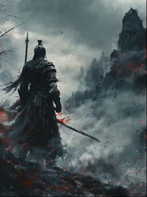 a warrior wearing black armor, helmet, and blood-stained, muscular male figure standing alone, dramatic lighting, dark moody atm...