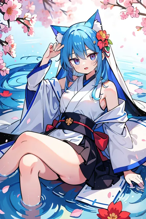 （masterpiece：1.2），Super detailed，lifelike，Expressive eyes，fair skin，perfect face shape，1 girl，
Japanese comics,Gorgeous blue hair,flowing blue hair,flowing clothes,Cat ears,Petals fall,beautiful lola,Baby Angel,
Shaking head with one hand，Cross your legs，，...