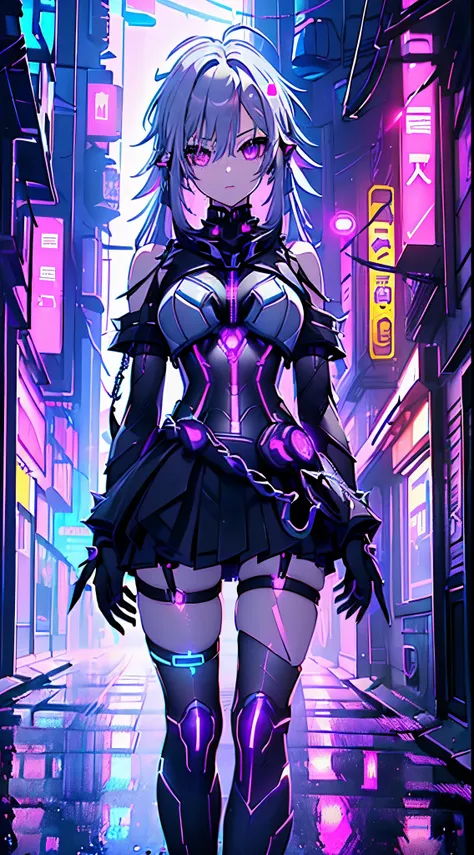 top-quality、top image quality、​masterpiece、android girl((sixteen years old 、broken, skinny , cybersuit glowing black, red and wh...