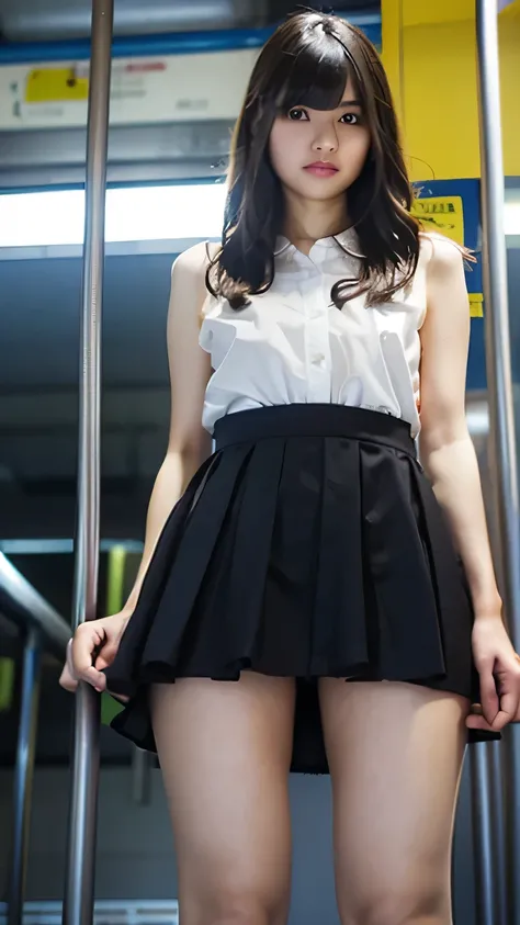 nsfw, nipples, topless, pussy, small round breasts, pubic hair, ((stand in the train)), (((ultra micro mini skirt, her skirt is too short to cover her pussy nor ass))), from below, She has round face, tareme, Korean, perfect style, smile,  maximum quality,...