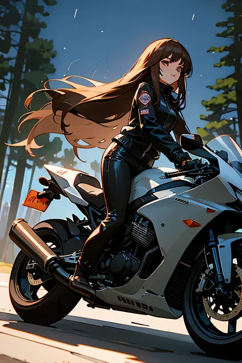 Woman with long brown hair and bangs, in front of a clandestine race track full of pine trees at night with a motorbike on its side, dressed in black leather jacket and black pants, with hair in the wind