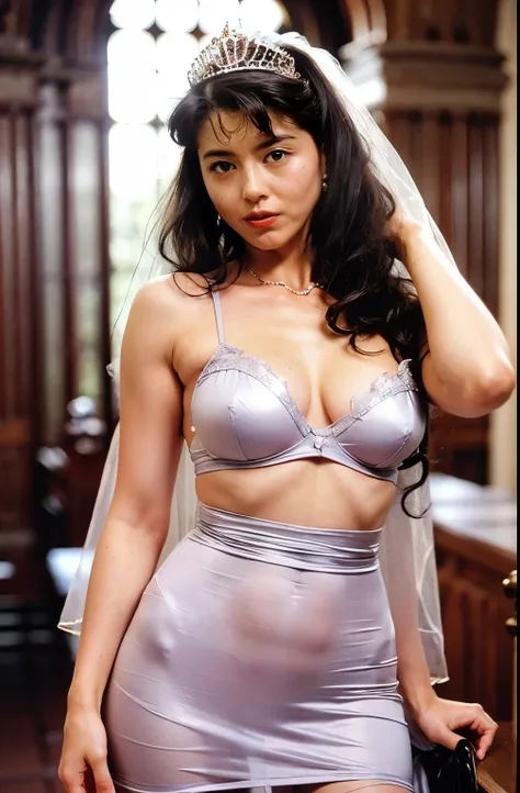 naked,Like the whole body," shape, Brides outfit without shoulder straps,small silver tiara,huge ,sloppy and droopy breasts, Her heavy breasts are almost completely exposed ,Fully visible bust,Sheer princess skirt,Church wedding,There is a large crowd of p...