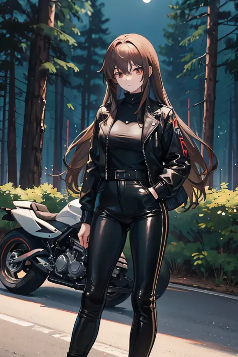 natta, natta, Woman with long brown hair and bangs, in front of a clandestine race track full of pine trees at night, leaning against a motorcycle, dressed in black leather jacket and black pants